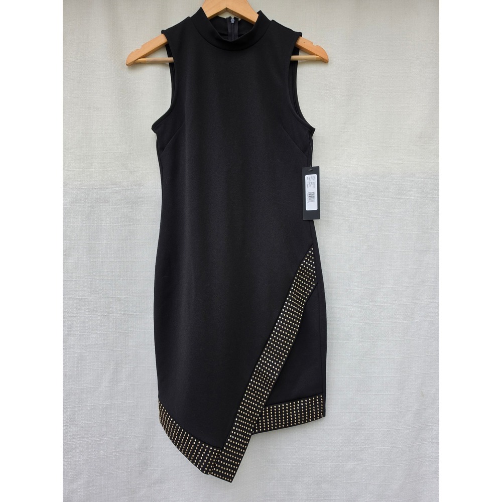 Bebe Studded Asymmetrical Bodycon Dress Womens XS Black Gold Mock Neck Mini NWT